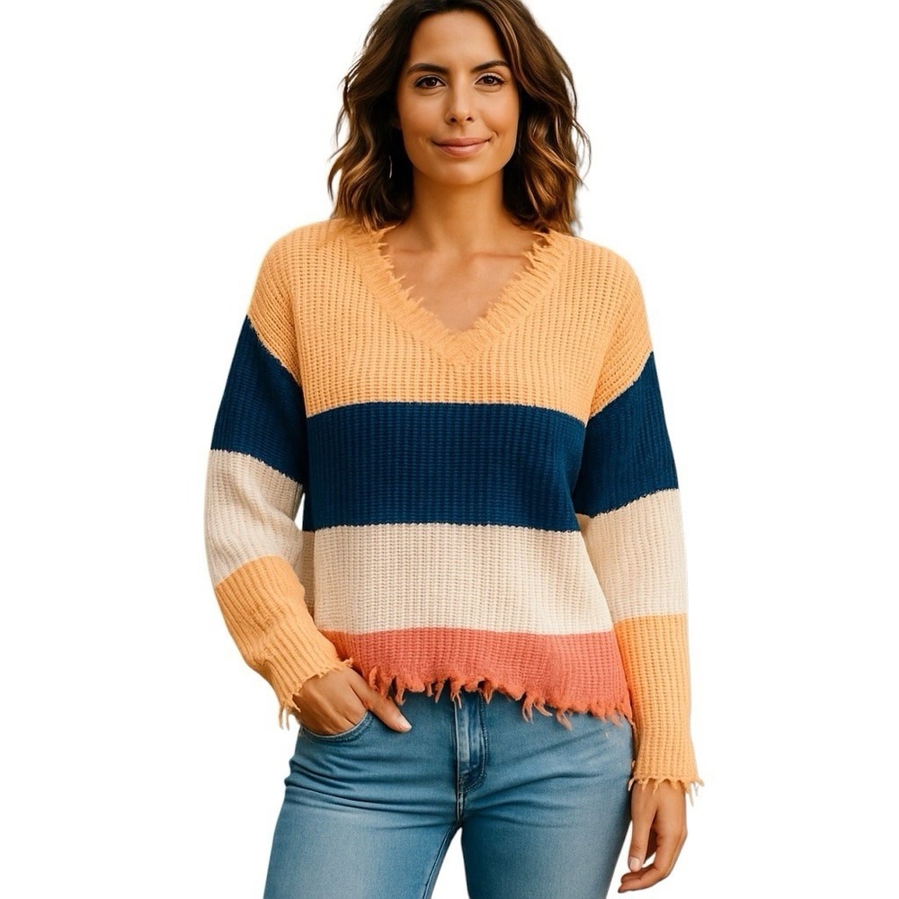 Distressed‎ Frayed Ragged Hem Women 2XL Square V-Neck Color Block Trendy Sweater